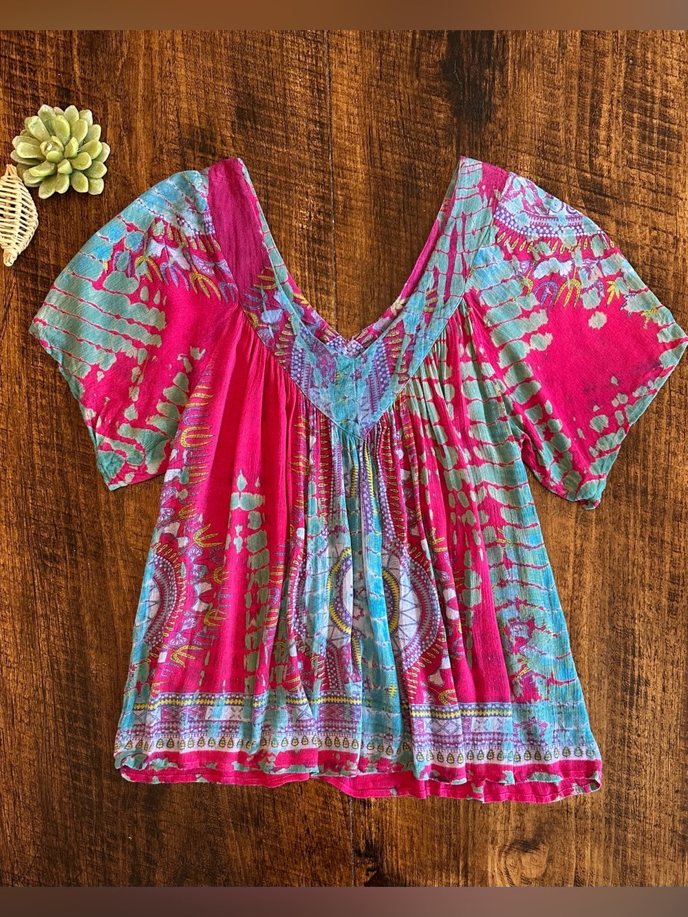 Greater Good Network | Boho Tie-Dye Blouse V-Neck Flowy Peasant Top, Size XL